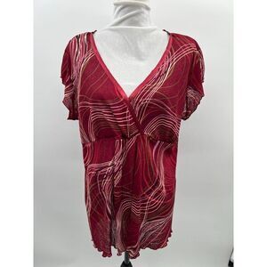 Two Beautiful Women Size XL Red Printed V-Neck Y2K Tunic Top Made in USA